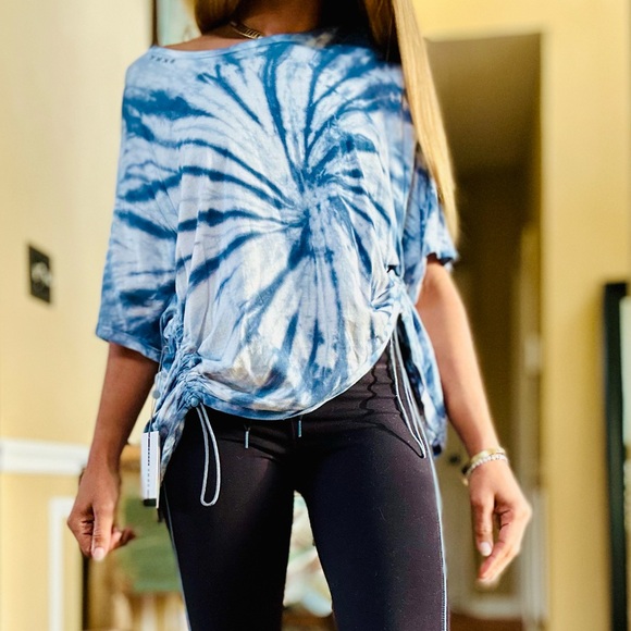 Dkny Tops - DKNY Tie Dye Denim Blue Top with Drawstring Hem